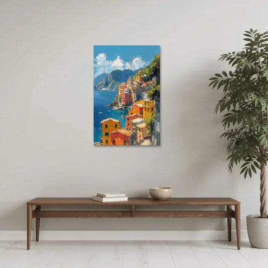 Italian Riviera Painting of a Harbor Village - Canvas Wall Art - Coffee Table - 24x36