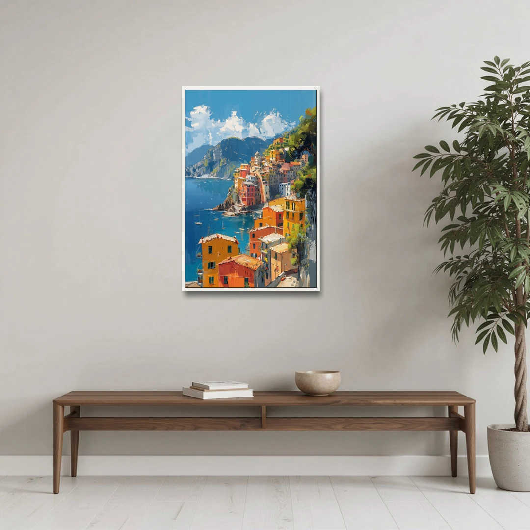 Italian Riviera Painting of a Harbor Village - White Framed Canvas Wall Art - Coffee Table - 24x36