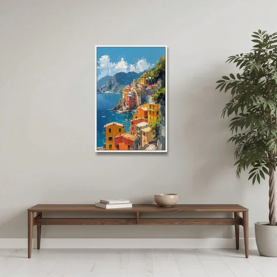 Italian Riviera Painting of a Harbor Village - White Framed Canvas Wall Art - Coffee Table - 24x36
