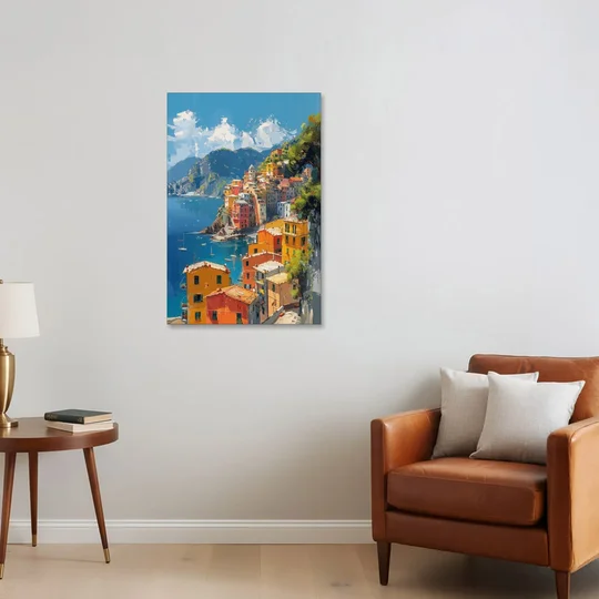 Italian Riviera Painting of a Harbor Village - Canvas Wall Art - Sofa - 24x36