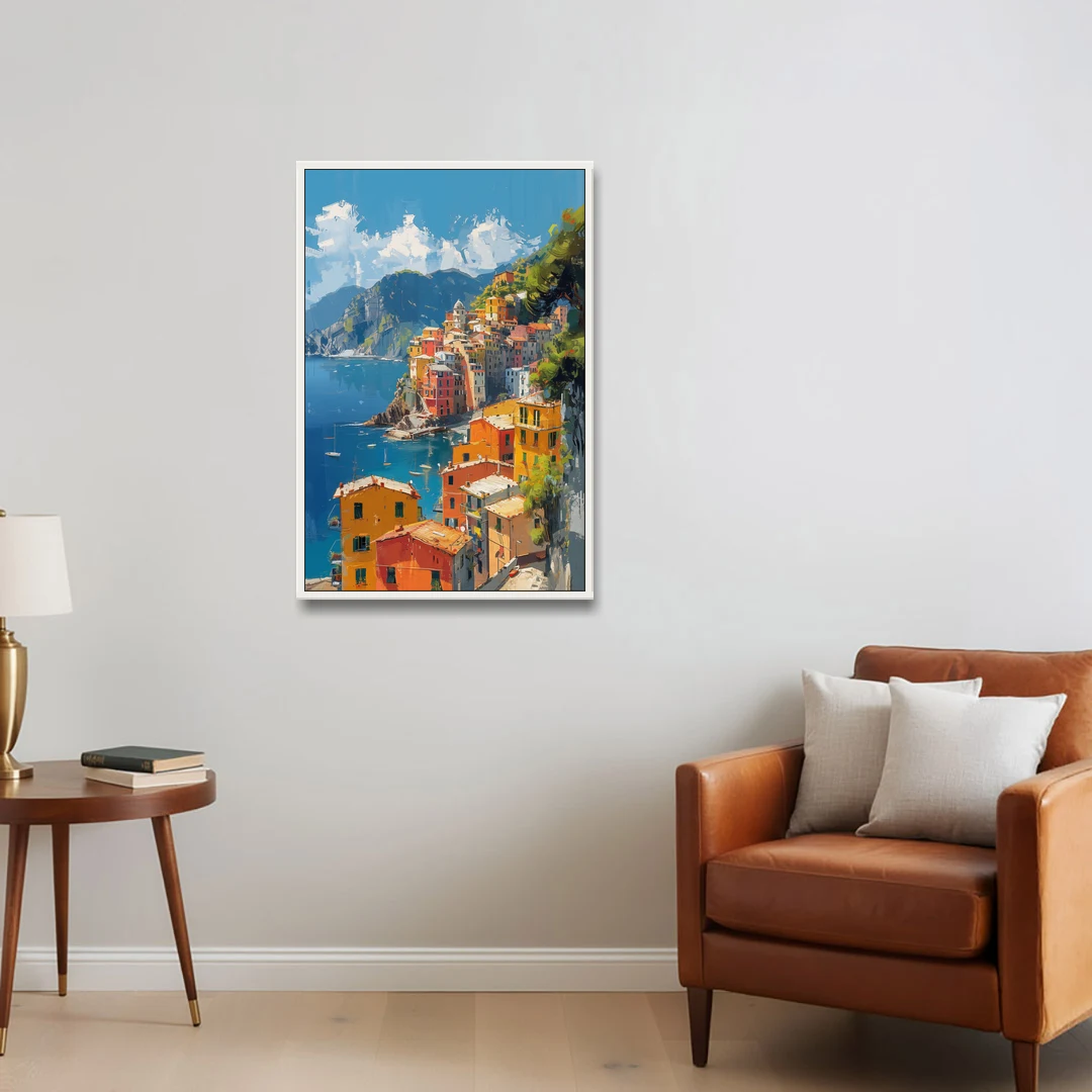 Italian Riviera Painting of a Harbor Village - White Framed Canvas Wall Art - Sofa - 24x36