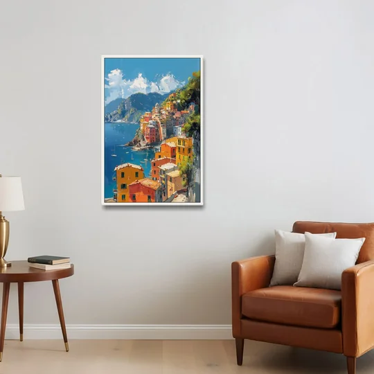 Italian Riviera Painting of a Harbor Village - White Framed Canvas Wall Art - Sofa - 24x36