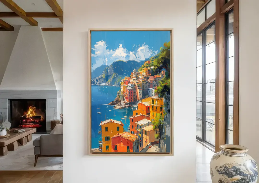 Italian Riviera Painting of a Harbor Village canvas wall art in a living room with a fireplace
