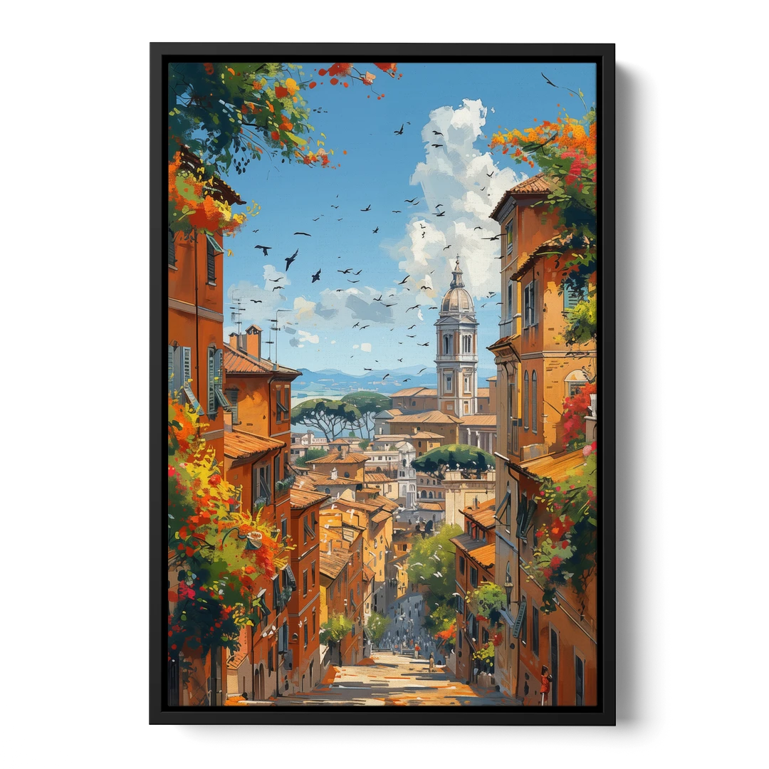 Italian Street Painting of Old Rome - Black Framed Canvas Wall Art - Front