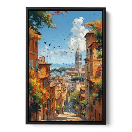 Italian Street Painting of Old Rome - Black Framed Canvas Wall Art - Front