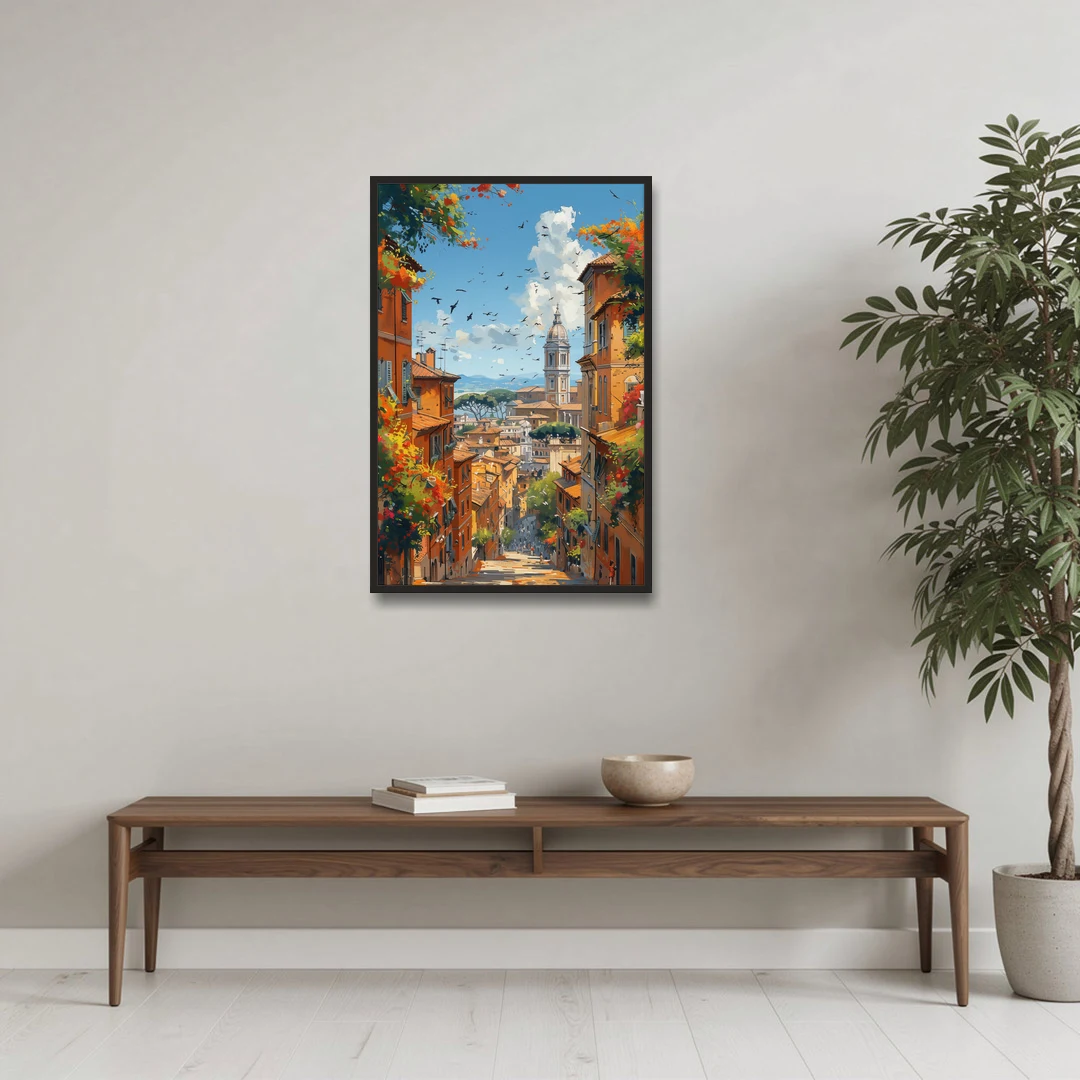 Italian Street Painting of Old Rome - Black Framed Canvas Wall Art - Coffee Table - 24x36