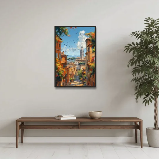 Italian Street Painting of Old Rome - Black Framed Canvas Wall Art - Coffee Table - 24x36