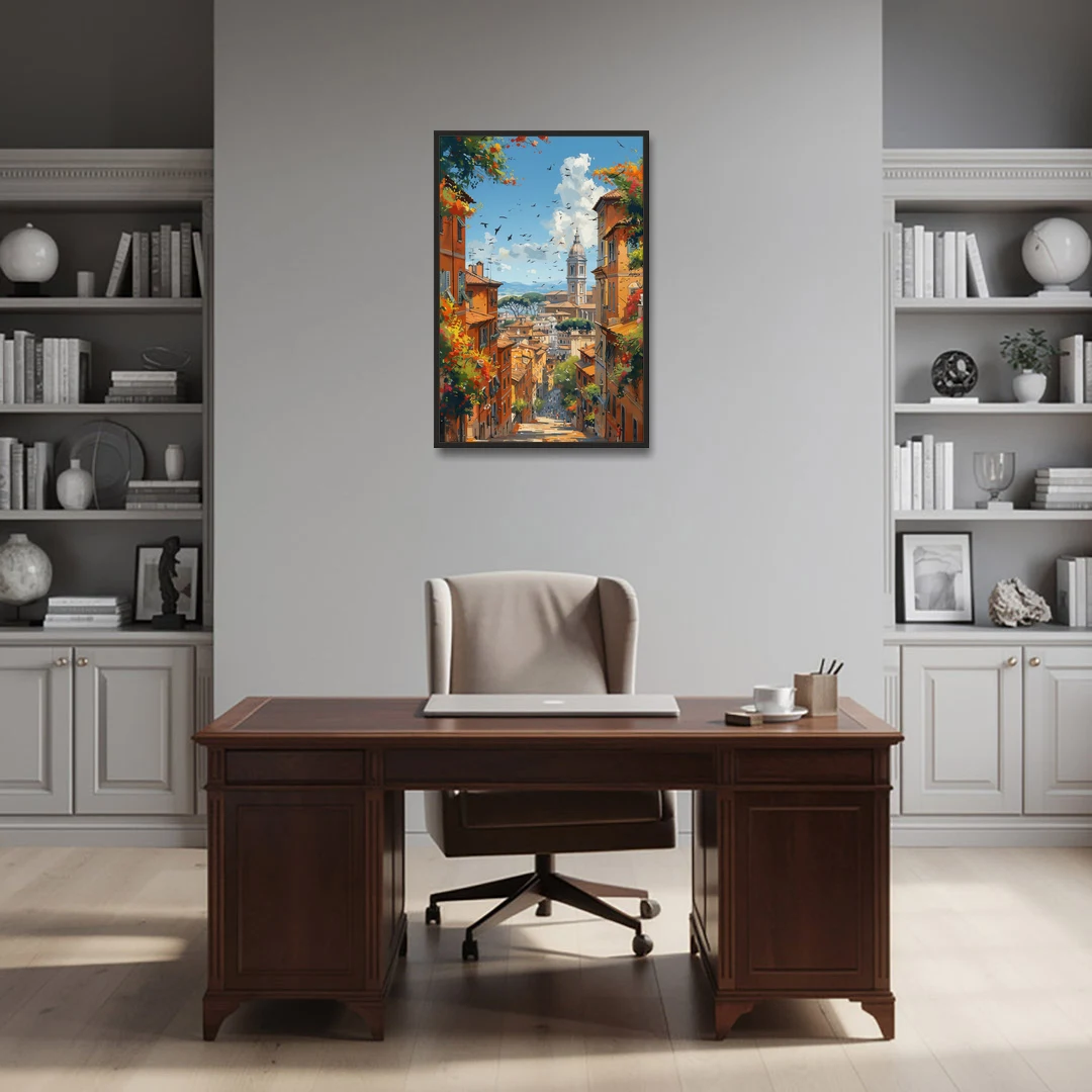 Italian Street Painting of Old Rome - Black Framed Canvas Wall Art - Office - 24x36