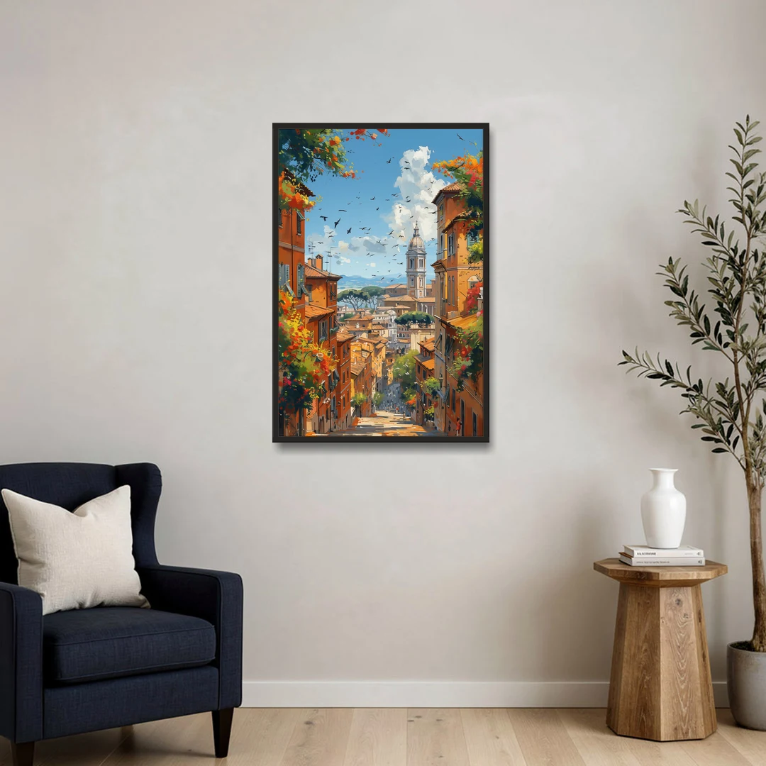 Italian Street Painting of Old Rome - Black Framed Canvas Wall Art - Sofa - 24x36