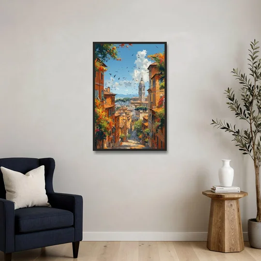 Italian Street Painting of Old Rome - Black Framed Canvas Wall Art - Sofa - 24x36