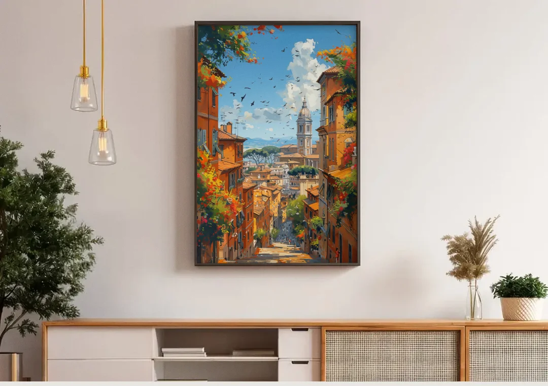 Italian Street Painting of Old Rome canvas wall art above a wooden sideboard under pendant lights