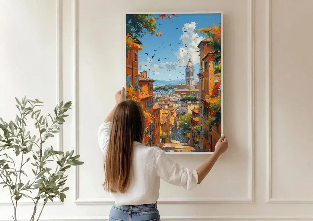 Italian Street Painting of Old Rome canvas wall art being hung on a paneled wall