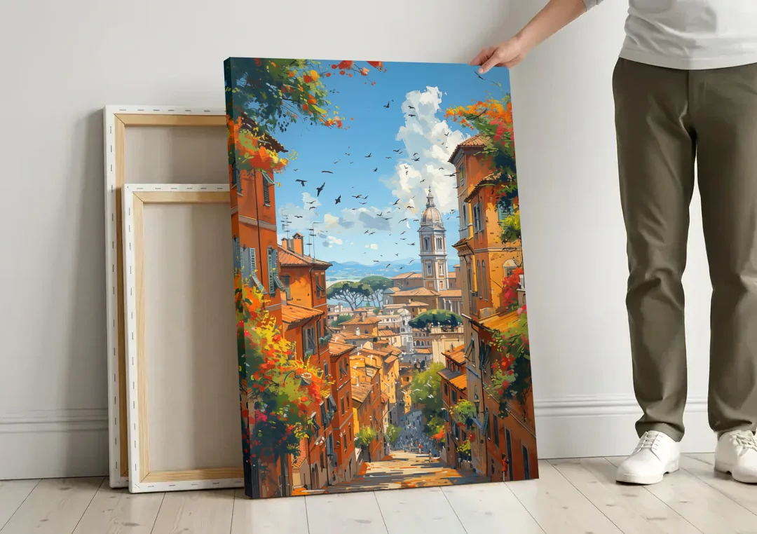 Italian Street Painting of Old Rome canvas wall art leaning against a wall next to blank canvases