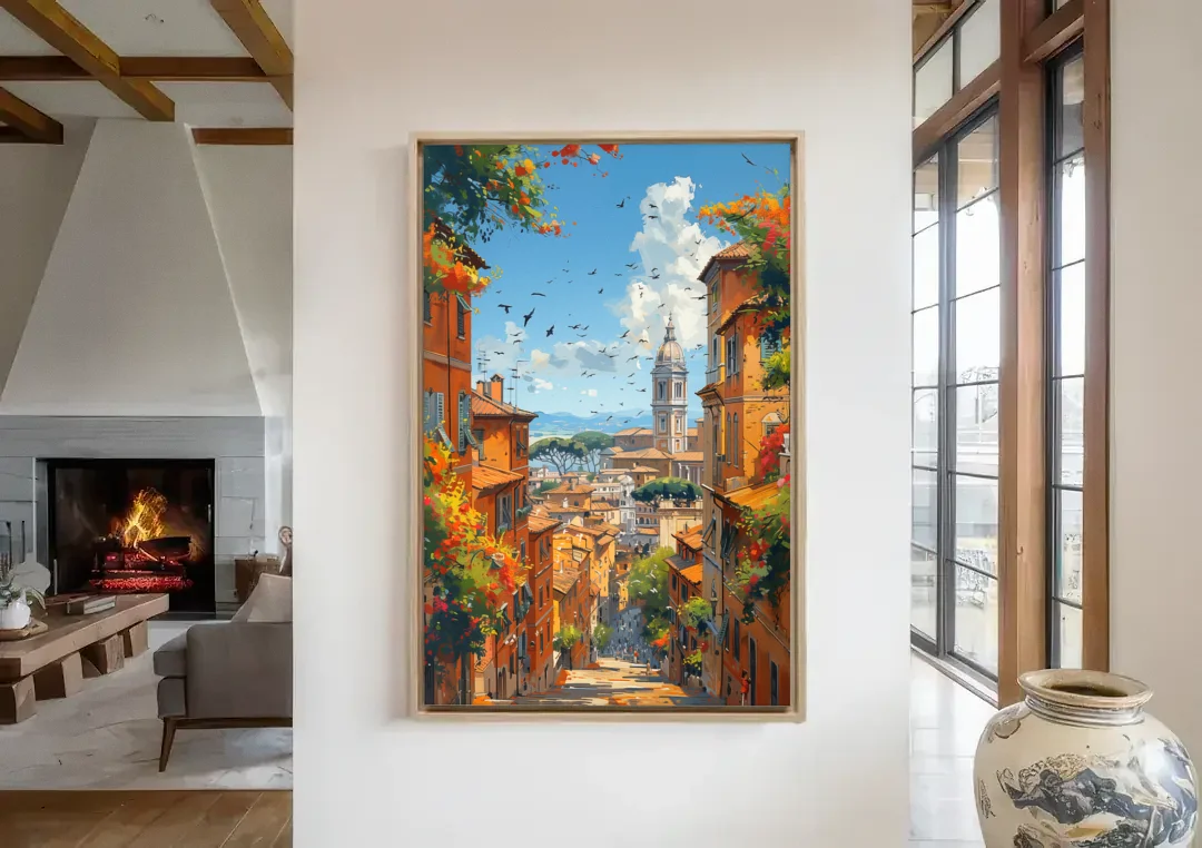 Italian Street Painting of Old Rome canvas wall art in a living room with a fireplace