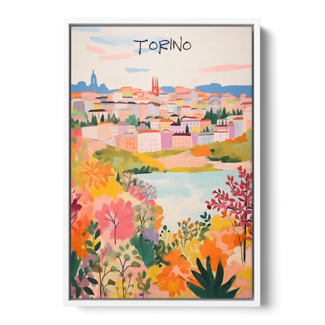 Italy Art of Turin in Bloom - White Framed Canvas Wall Art - Front