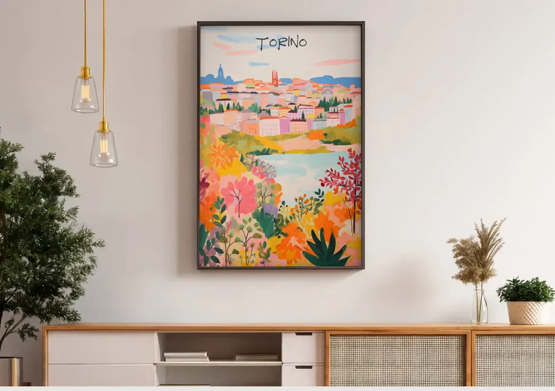 Italy Art of Turin in Bloom canvas wall art above a wooden sideboard under pendant lights