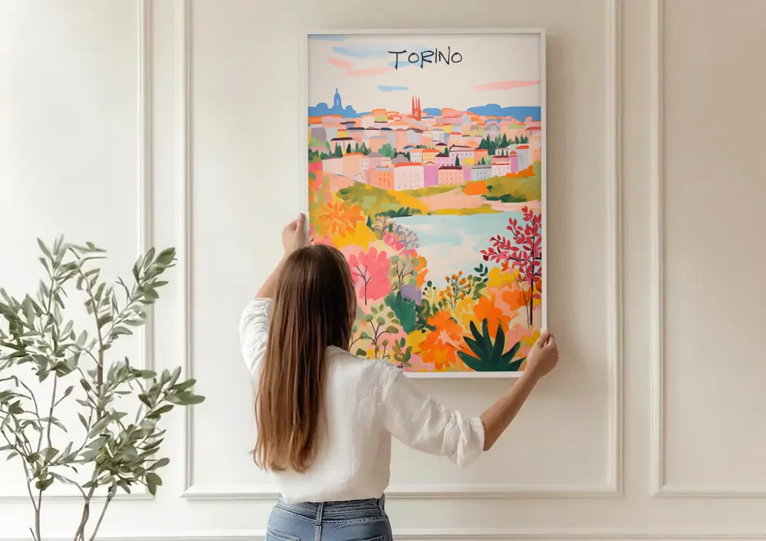 Italy Art of Turin in Bloom canvas wall art being hung on a paneled wall