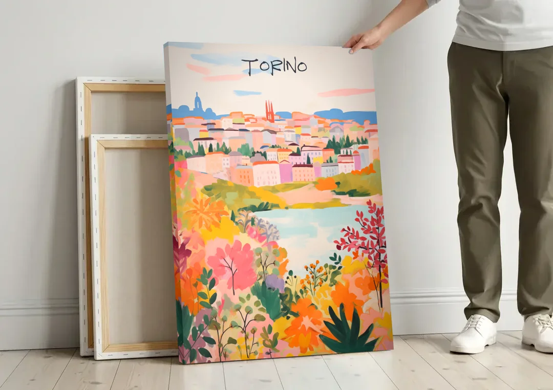 Italy Art of Turin in Bloom canvas wall art leaning against a wall next to blank canvases