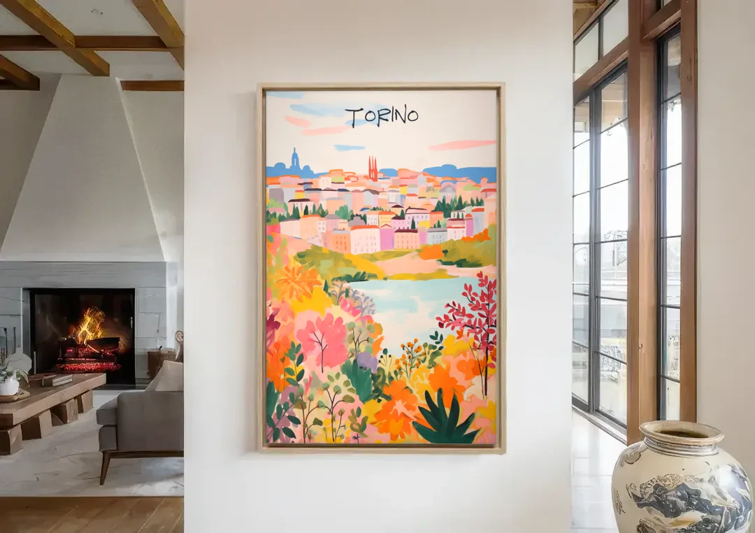 Italy Art of Turin in Bloom canvas wall art in a living room with a fireplace