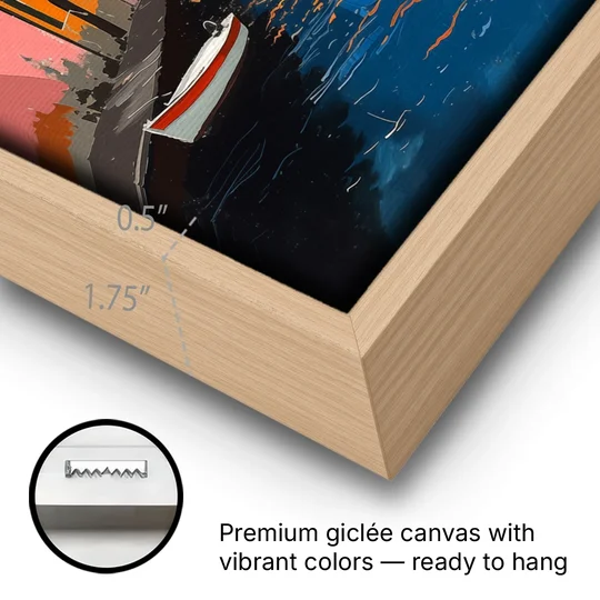 Italy Painting of a Canal with Boats - Oak Framed Canvas Wall Art - Gallery Wrap Corner