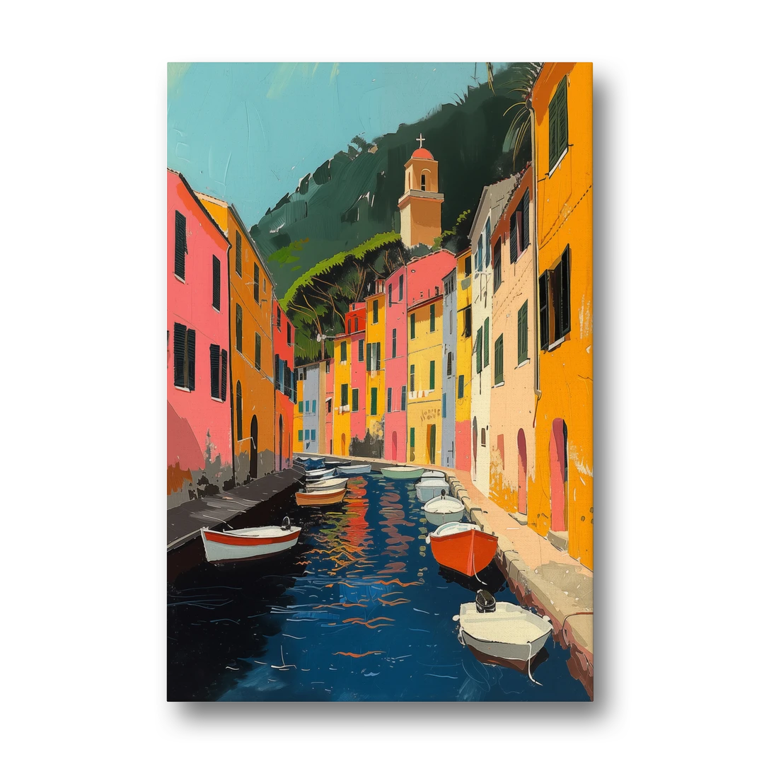 Italy Painting of a Canal with Boats - Canvas Wall Art - Front