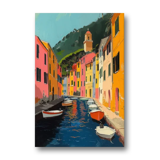 Italy Painting of a Canal with Boats - Canvas Wall Art - Front