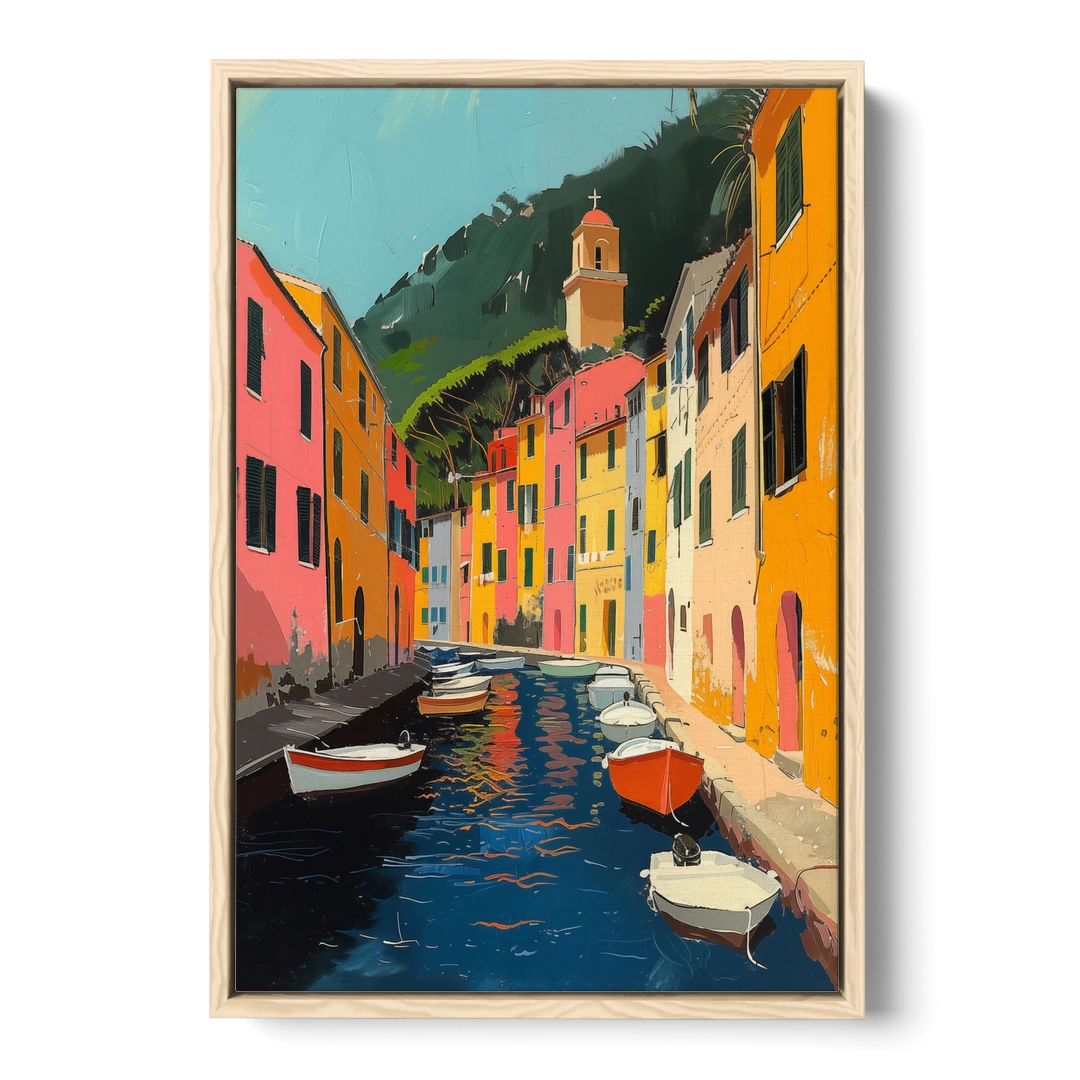 Italy Painting of a Canal with Boats - Oak Framed Canvas Wall Art - Front
