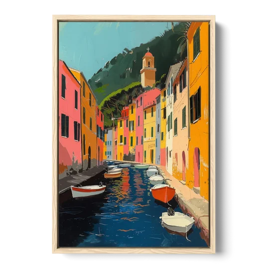 Italy Painting of a Canal with Boats - Oak Framed Canvas Wall Art - Front