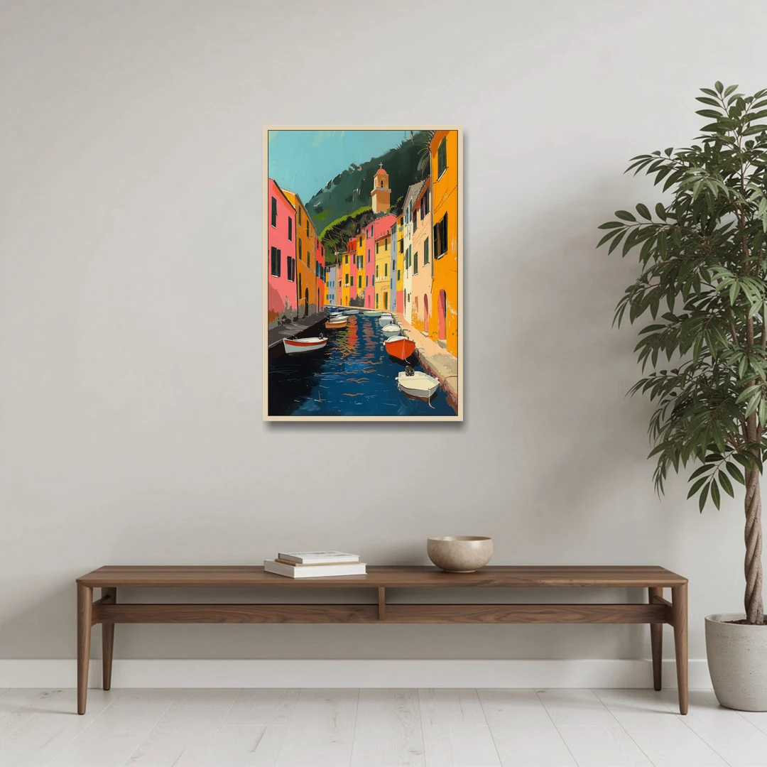 Italy Painting of a Canal with Boats - Oak Framed Canvas Wall Art - Coffee Table - 24x36