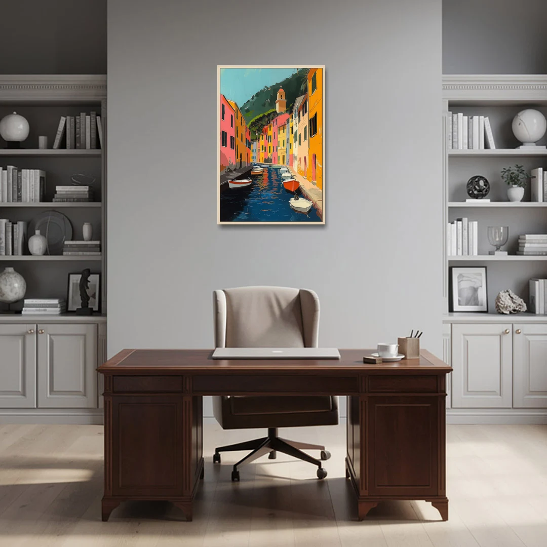 Italy Painting of a Canal with Boats - Oak Framed Canvas Wall Art - Office - 24x36