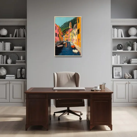 Italy Painting of a Canal with Boats - Oak Framed Canvas Wall Art - Office - 24x36