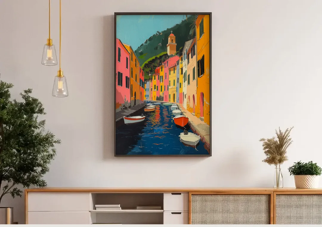 Italy Painting of a Canal with Boats canvas wall art above a wooden sideboard under pendant lights