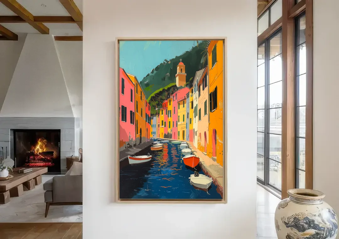 Italy Painting of a Canal with Boats canvas wall art in a living room with a fireplace
