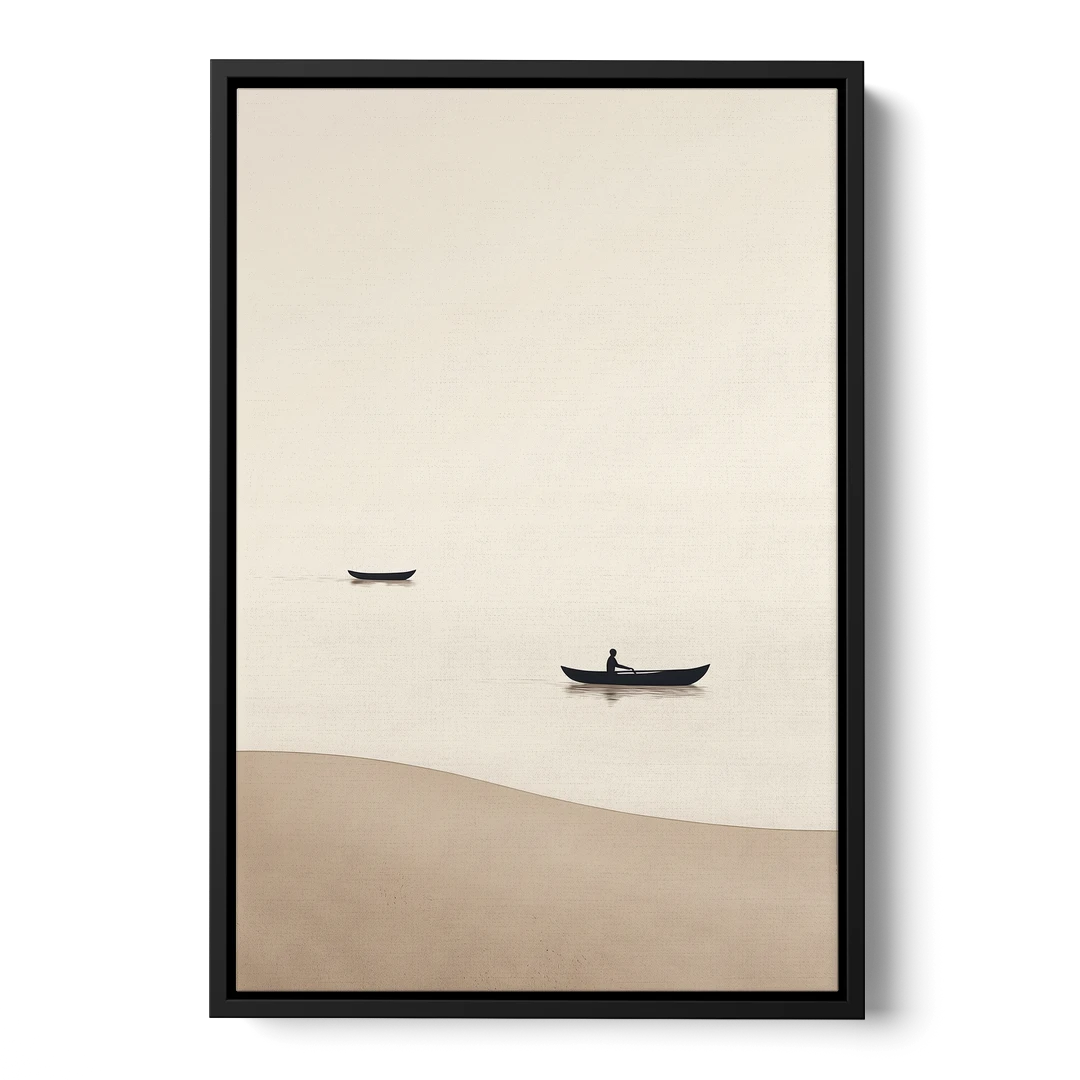Ivory Wall Art with Two Boats Adrift - Black Framed Canvas Wall Art - Front