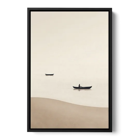 Ivory Wall Art with Two Boats Adrift - Black Framed Canvas Wall Art - Front