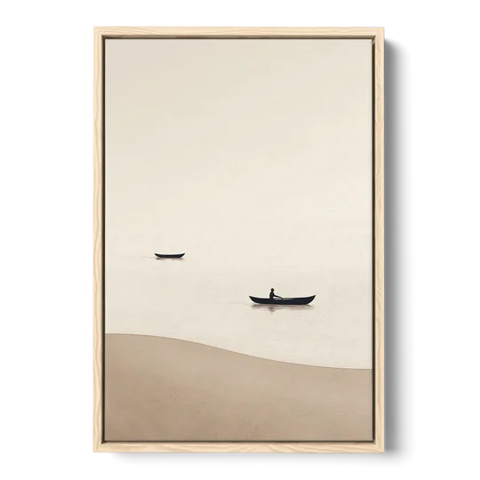 Ivory Wall Art with Two Boats Adrift - Oak Framed Canvas Wall Art - Front