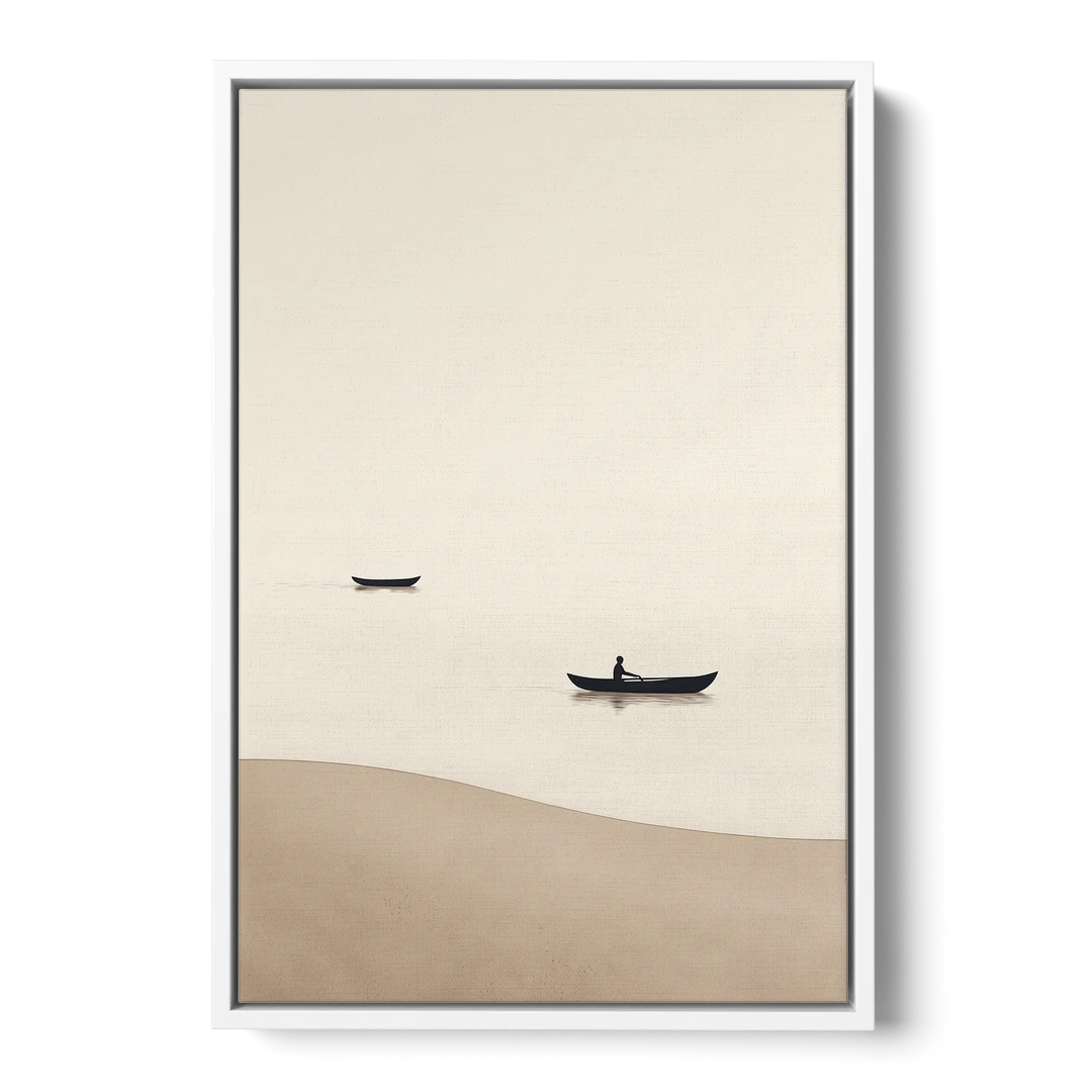 Ivory Wall Art with Two Boats Adrift - White Framed Canvas Wall Art - Front