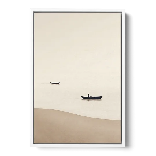 Ivory Wall Art with Two Boats Adrift - White Framed Canvas Wall Art - Front