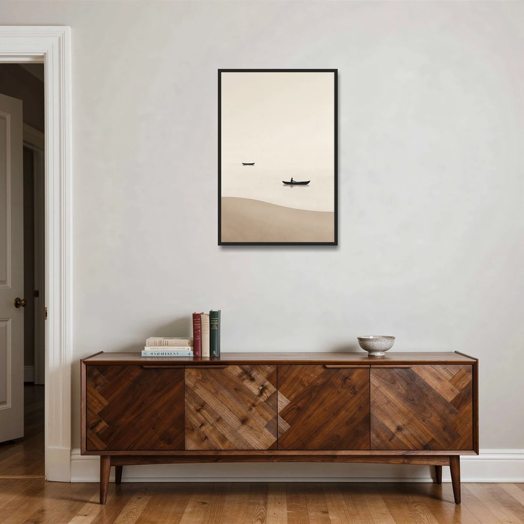 Ivory Wall Art with Two Boats Adrift - Black Framed Canvas Wall Art - Coffee Table - 24x36