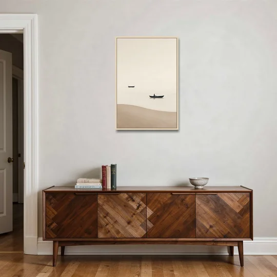 Ivory Wall Art with Two Boats Adrift - Oak Framed Canvas Wall Art - Coffee Table - 24x36