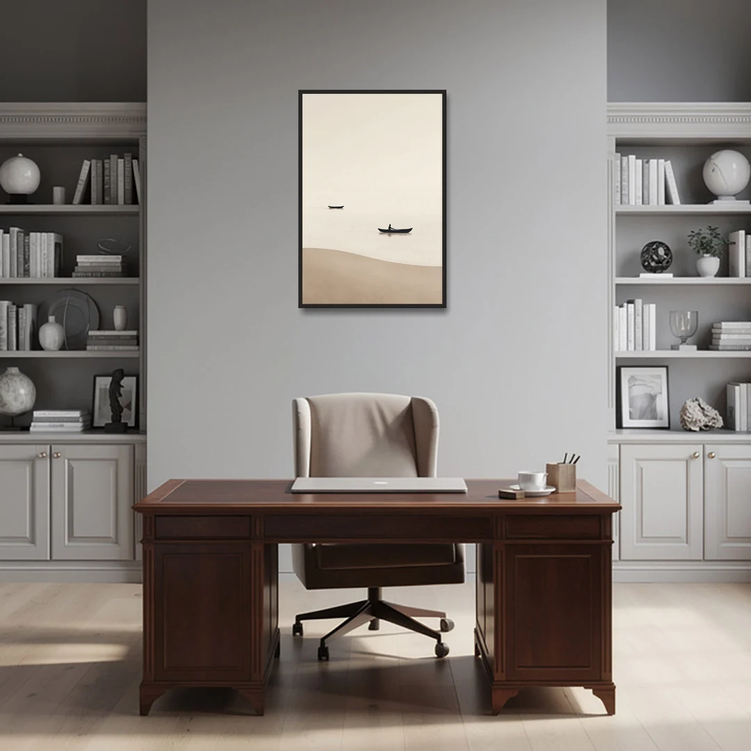 Ivory Wall Art with Two Boats Adrift - Black Framed Canvas Wall Art - Office - 24x36