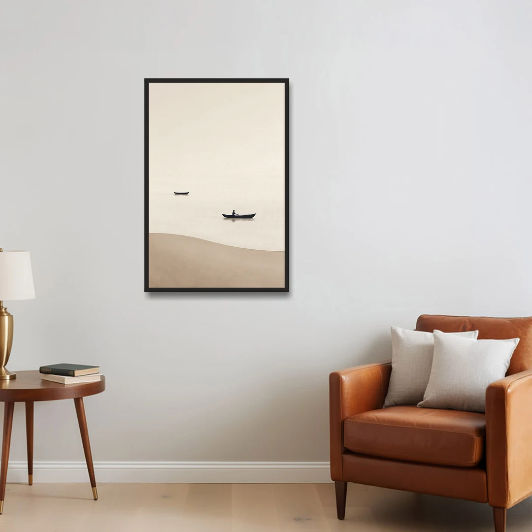 Ivory Wall Art with Two Boats Adrift - Black Framed Canvas Wall Art - Sofa - 24x36