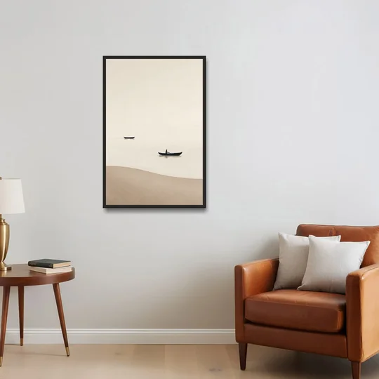 Ivory Wall Art with Two Boats Adrift - Black Framed Canvas Wall Art - Sofa - 24x36
