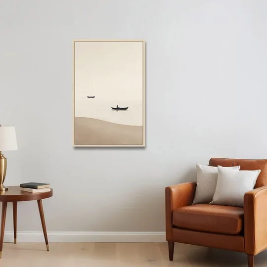 Ivory Wall Art with Two Boats Adrift - Oak Framed Canvas Wall Art - Sofa - 24x36