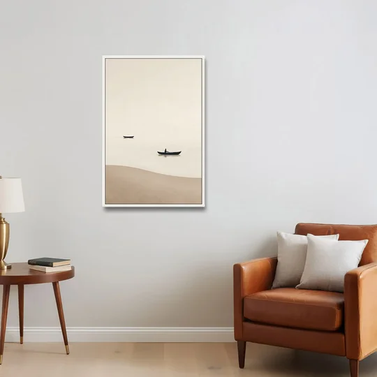 Ivory Wall Art with Two Boats Adrift - White Framed Canvas Wall Art - Sofa - 24x36