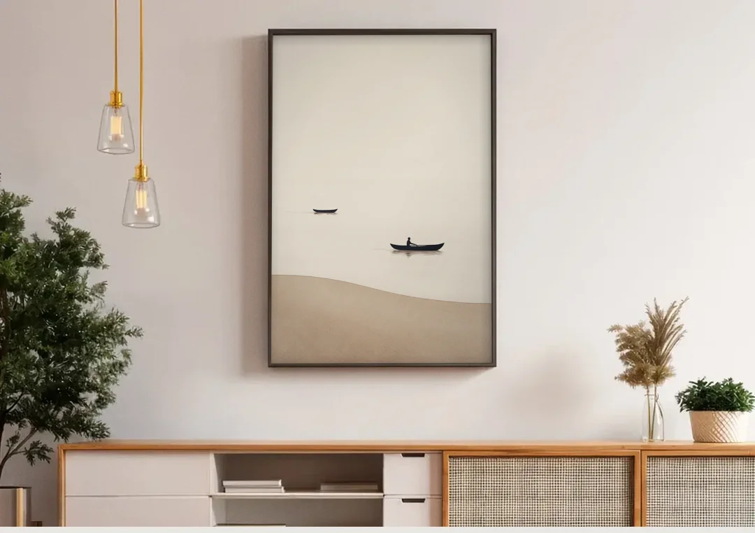 Ivory Wall Art with Two Boats Adrift canvas wall art above a wooden sideboard under pendant lights