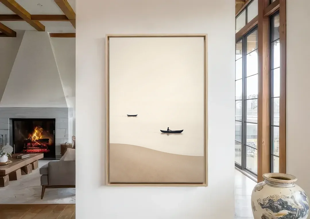 Ivory Wall Art with Two Boats Adrift canvas wall art in a living room with a fireplace
