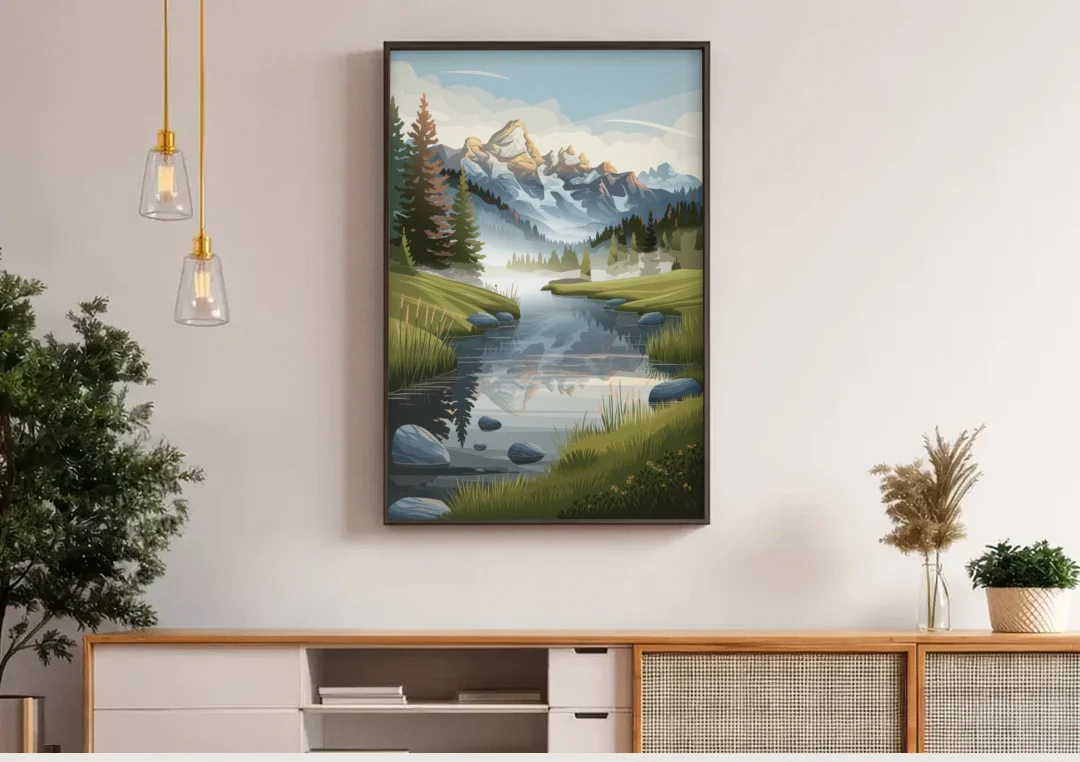 Jackson Hole Alpine Serenity canvas wall art above a wooden sideboard under pendant lights