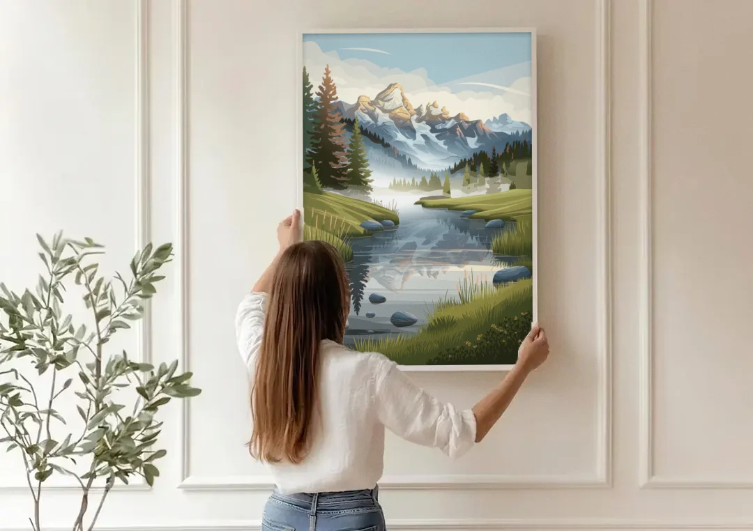 Jackson Hole Alpine Serenity canvas wall art being hung on a paneled wall