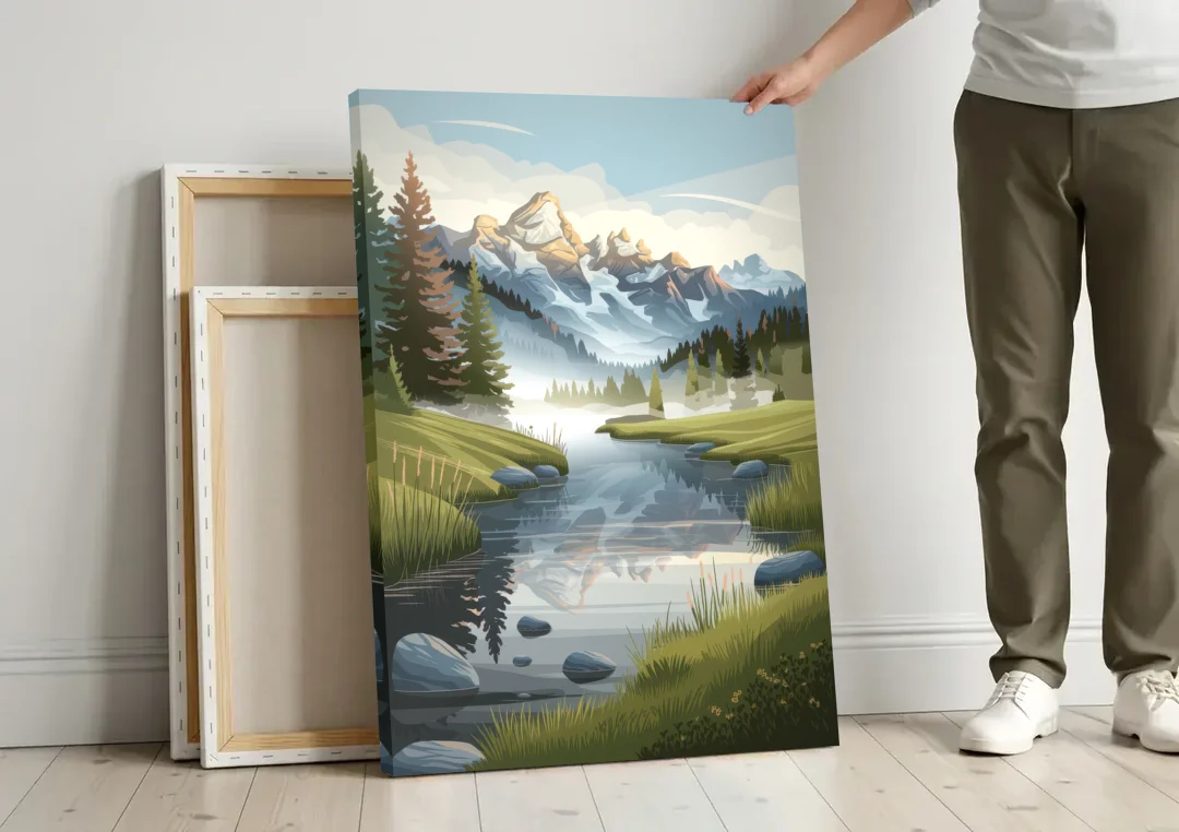 Jackson Hole Alpine Serenity canvas wall art leaning against a wall next to blank canvases